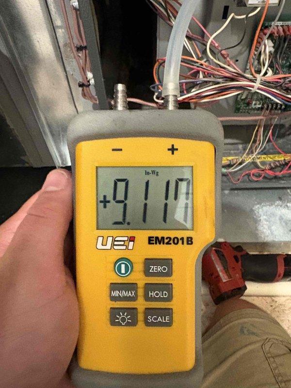 Performed comprehensive tune-up and inspection on single HVAC system. Conducted combustion analysis on natural gas appliance, verifying optimal efficiency at 95.3% with CO levels at 50 ppm and O2 at 6.3%. Measured and documented gas pressure at +9.110 inches water column to ensure proper system operation. Discussed available service options and payment methods with customer.