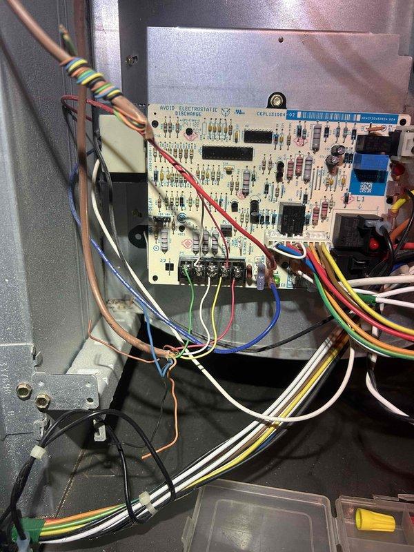 Responded to no cooling call where system was running continuously since approximately 2am following storm activity with suspected lightning strike. Found HVAC unit unresponsive to thermostat commands, requiring customer to control system via breaker. Upon inspection, diagnosed failed control board due to electrical surge damage. Replaced defective control board with new unit, verified all wire connections and terminations, tested thermostat communication and system response. Cycled system through complete heating and cooling operations to confirm proper functionality. Unit now responding correctly to thermostat commands with normal start/stop cycling restored.