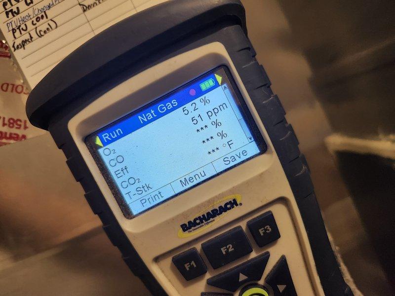 Performed preventive maintenance heating visit on two natural gas systems. Conducted combustion analysis on both units using digital gas analyzer, verifying proper gas composition, oxygen levels, carbon monoxide output, and flue gas temperatures to ensure safe and efficient operation of heating equipment.