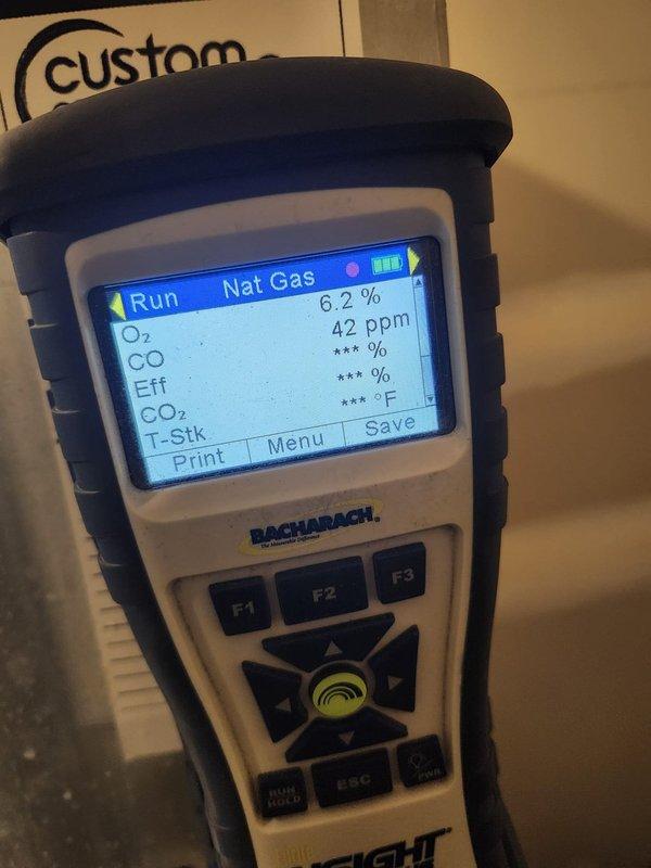 Performed preventive maintenance heating visit on two natural gas systems. Conducted combustion analysis on both units using digital gas analyzer, verifying proper gas composition, oxygen levels, carbon monoxide output, and flue gas temperatures to ensure safe and efficient operation of heating equipment.