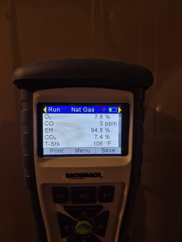Performed comprehensive heat check on natural gas heating system. Conducted combustion analysis using calibrated analyzer, confirming optimal performance with readings of 7.8% oxygen, 3 ppm carbon monoxide, 94.8% efficiency, 7.4% carbon dioxide, and 106°F stack temperature. Inspected mechanical components, electrical connections, and brass fittings for proper operation and safety compliance.