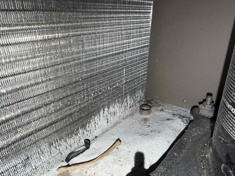 Responded to no cooling complaint with system unable to reach setpoint and remaining at 81°F. Inspected Google Nest thermostat operation and outdoor condenser unit with protective coil guard showing clean, properly spaced fins. Examined indoor evaporator coil and drain pan, noting accumulated debris and foreign objects in base. Provided repair cost estimate as requested for comparison with previous quote received.