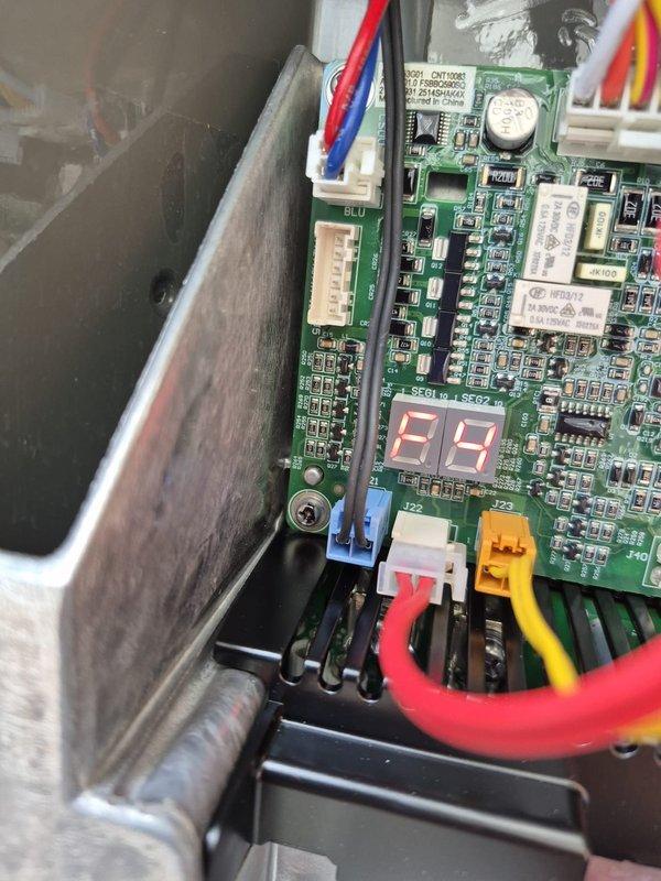 Replaced defective AOC control board (part number DRV04067) and wiring harness (part number BAYLPWD17A) under warranty authorization. Unit was displaying "EE" error code on LED display prior to repair. Installed new components, verified proper connections of all wire harnesses including red, blue, yellow, and black conductors to board connectors, and confirmed system operation with display reading "89" upon completion. Returned failed parts to counter per warranty requirements.