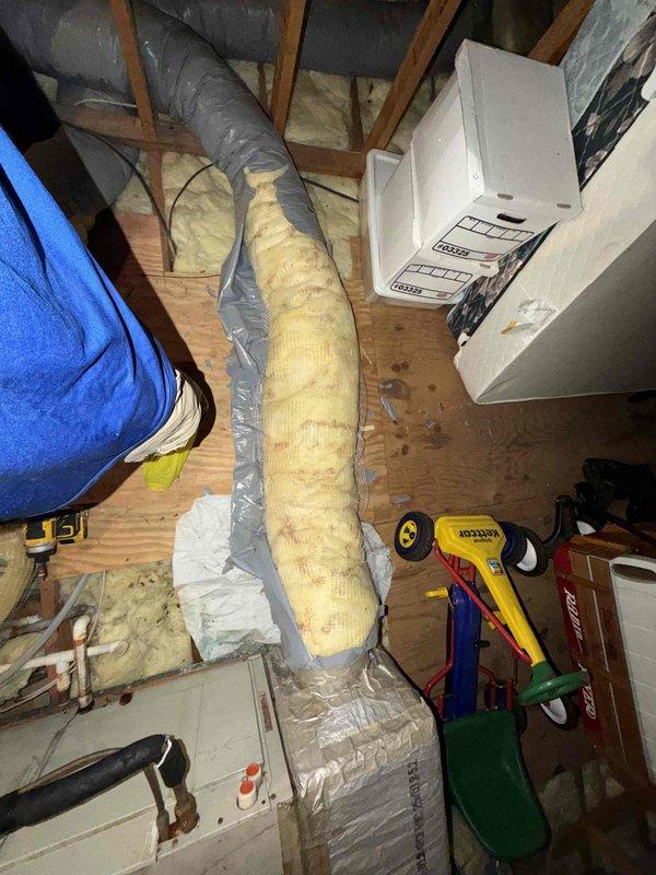 # HVAC Service Report - No Cool Condition

## System Diagnosis and Repair

Responded to a no cooling complaint on a residential HVAC system less than 10 years old. Upon arrival, accessed the attic-mounted air handler to perform diagnostic evaluation. Inspected the complete ductwork system, including both supply and return air pathways. Noted flexible ductwork with proper insulation wrapping throughout the attic space.

Conducted thorough examination of the air handler unit and associated refrigerant lines. Verified electrical connections, tested capacitor functionality, and measured system pressures. Inspected condensate drain lines and PVC piping assembly for proper drainage and potential blockages. Checked all mechanical and electrical components for proper operation.

Identified and resolved the issue preventing cooling operation. Tested system performance following repairs to confirm proper airflow, temperature differential, and overall functionality. System restored to normal cool