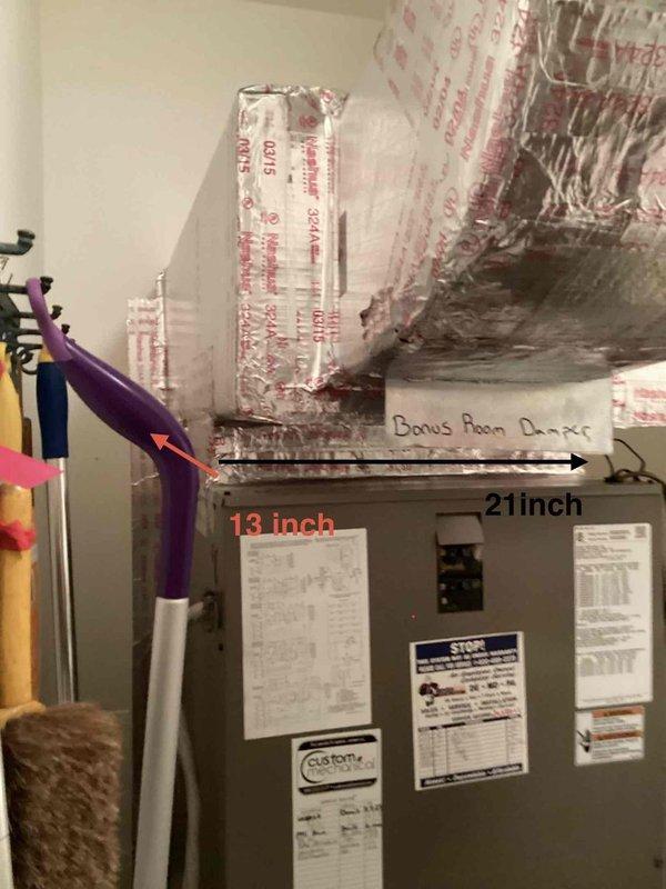 Responded to no cooling call for downstairs unit. Upon arrival, accessed attic-mounted air handler and inspected system components, including bonus room ductwork and damper configuration. Documented equipment measurements and system layout, verified proper damper positioning, and photographed installation for service records.
