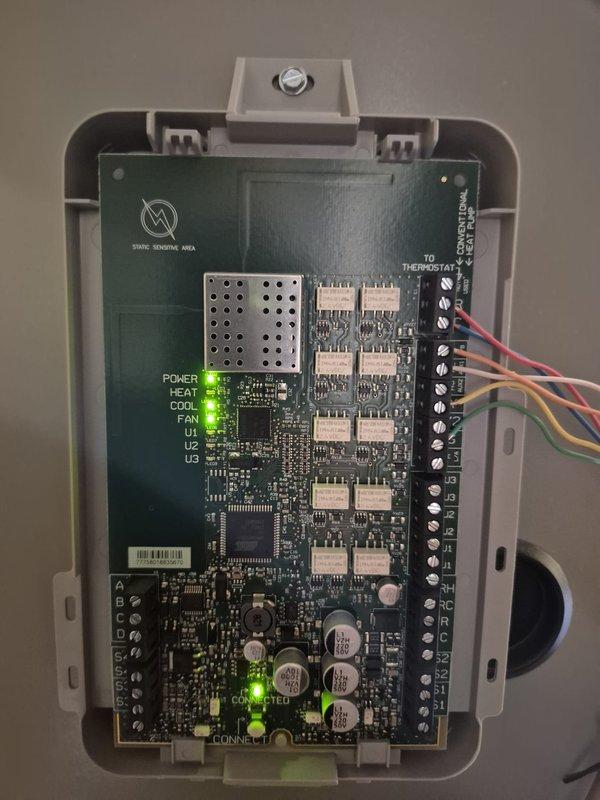Responded to no communication issue between downstairs thermostat and HVAC unit. Consulted with Honeywell IT support and attempted to reset the EIM module, but indicator light failed to blink as expected. Cycled system breaker to restore power, but communication issue persisted, indicating potential EIM module failure requiring replacement.