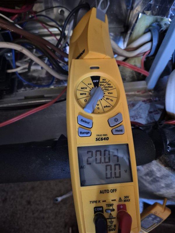 Completed scheduled heating maintenance visit and system inspection. Verified thermostat operation and calibration on Honeywell Home ProSeries unit, confirmed proper temperature settings and wireless connectivity functioning correctly. Performed electrical diagnostics on heating system components using digital multimeter, recorded voltage readings within normal operating parameters at 200.5V, and verified all electrical connections secure throughout air handler unit.