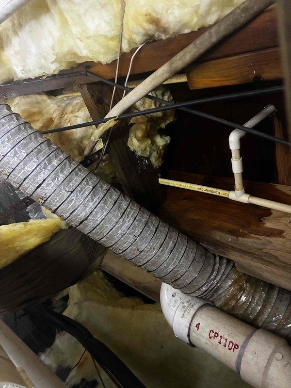 Responded to report of leak in crawl space beneath half bathroom, initially identified by pest control contractor. Upon inspection, discovered failed PVC drain pipe with significant deterioration and yellow discoloration indicating long-term sewage leakage from toilet waste line. Removed damaged pipe section showing crusty buildup and chemical degradation. Replaced compromised PVC coupling and affected pipe segment with new materials per code specifications. Verified proper slope and secure connections throughout drain assembly. Tested system for leaks and confirmed proper drainage function. Homeowner had previously shut off toilet supply valve as temporary measure prior to repair.