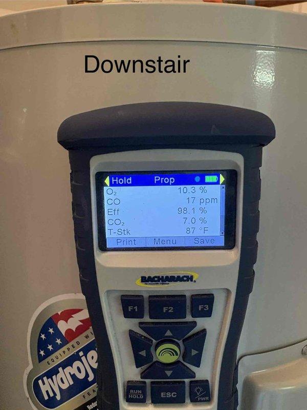 Performed comprehensive tune-up and inspection on three HVAC systems. Conducted combustion analysis testing on downstairs and middle floor units using digital analyzer, confirming optimal efficiency readings of 96.1% and 96.9% respectively, with safe CO levels at 17 ppm and 19 ppm, and proper oxygen levels around 10.3-10.4%. All systems operating within manufacturer specifications.