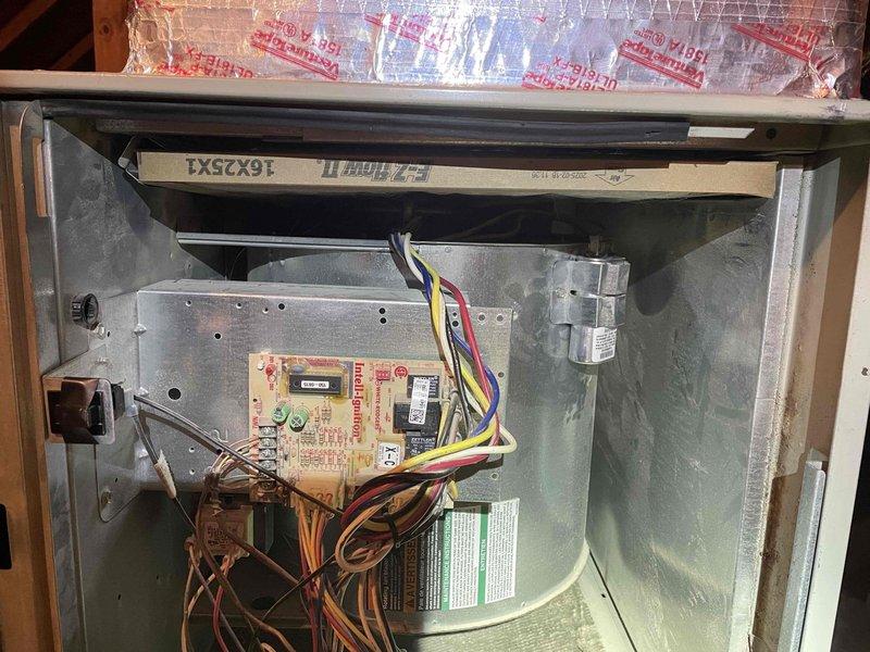 Performed comprehensive heating system evaluation on attic-mounted air handler unit per customer request regarding system longevity and replacement timing. Conducted thorough inspection of all major components including blower motor assembly, control board with associated wiring connections, condensate pump, and drainage system. All electrical connections, ductwork, and operational components were examined and found to be functioning within normal parameters at time of inspection. Provided customer with professional assessment of current system condition and recommendations for future planning based on equipment age and observed wear patterns.