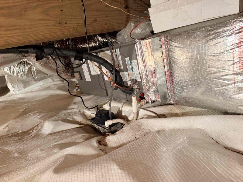 Diagnosed residential HVAC system in crawl space and identified failed blower motor and low-pressure switch requiring replacement. Provided comprehensive equipment replacement estimate as alternative solution, documenting existing air handler unit with copper refrigerant lines, condensate drain system with pump, and flexible ductwork installation. Recorded model and serial numbers for pricing comparison between component repair and full system replacement options.