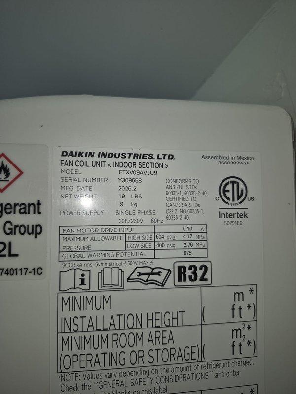 Completed comprehensive tune-up inspection on three systems: two conventional HVAC units and one Daikin ductless mini-split system. Performed diagnostic testing on outdoor unit electrical components, verifying proper voltage and amperage readings at 423V. Inspected Daikin FTXV09AV-JU9 indoor fan coil unit (serial Y309558), confirming R32 refrigerant system operating within manufacturer specifications with proper high-side and low-side pressure ratings. All systems evaluated for performance, safety, and efficiency standards.