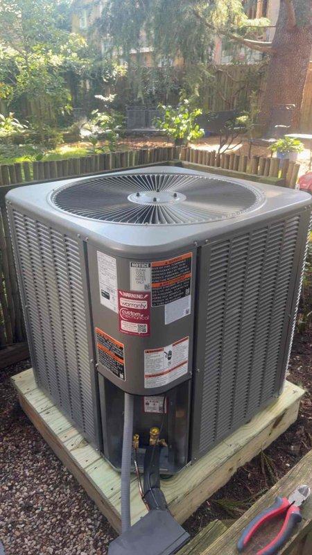 Removed and disposed of existing HVAC system and completed full heat pump installation. Installed one Lennox ML14KP1-036 3-ton 14 SEER heat pump outdoor unit on pressure-treated wood platform with gravel base, one Lennox CBK43UHET-036 air handler in attic space, and one Lennox 10kW electric heat pack. Fabricated and installed metal duct transitions to adapt new equipment to existing ductwork. Replaced outdoor disconnect and electrical whip with new components. Reused existing condensate drain lines and verified proper operation. Ran new refrigerant lines connecting outdoor condenser to indoor air handler with proper insulation. Installed Honeywell digital WiFi thermostat and completed programming for system operation. Verified all electrical connections, tested system startup and operation in both heating and cooling modes. Confirmed proper airflow, refrigerant charge, and thermostat communication. Customer was instructed to use MERV8 filters at the unit. System tested and left in full