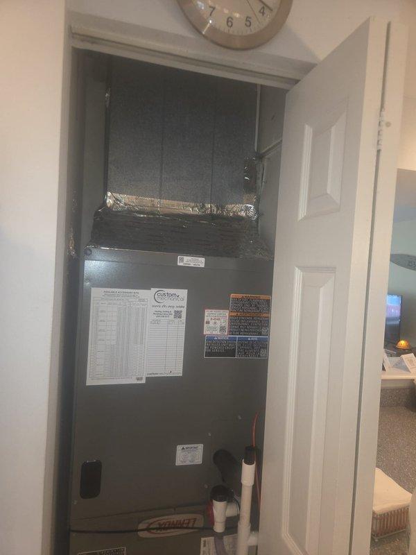 Completed full HVAC system replacement for downstairs residential area. Removed and properly disposed of existing equipment. Installed new Lennox EL19KPV-036 3-ton 19 SEER variable speed heat pump as outdoor unit, positioned on plastic pad with snow legs for proper drainage and elevation. Mounted unit included new Lennox CBK45UHVT-036 variable speed air handler in interior closet space with Lennox 10 kw electric heat pack for supplemental heating capacity.

Fabricated and installed metal duct transitions to adapt new equipment to existing ductwork system, ensuring proper airflow and system efficiency. Reused existing condensate drain lines and verified proper drainage. Replaced outdoor disconnect and electrical whip to meet current code requirements and ensure safe electrical connection to new equipment. Reused existing power supply lines where applicable.

Installed new Honeywell digital WiFi thermostat for enhanced climate control and remote access capabilities. Positioned filter at 