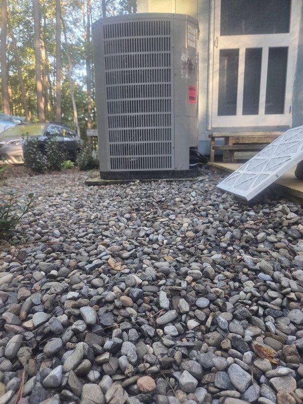 Completed routine heating maintenance visit on residential HVAC system. Inspected outdoor condenser unit, verified proper operation of all components, and replaced air filter. Unit found in good working condition with no immediate repairs required.