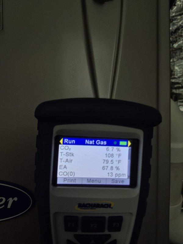 Performed scheduled heating maintenance visit on two HVAC systems. Conducted comprehensive combustion analysis on both units using digital gas analyzer. First system measured CO₂ at 6.7%, stack temperature at 108°F, ambient air at 79.5°F, excess air at 67.8%, and CO at 13 ppm. Second system readings showed O₂ at 9.0%, CO at 7 ppm, efficiency at 89.2%, CO₂ at 6.7%, and stack temperature at 126°F. All combustion parameters within acceptable ranges for natural gas heating equipment. Systems operating safely and efficiently with proper fuel-to-air ratios confirmed.