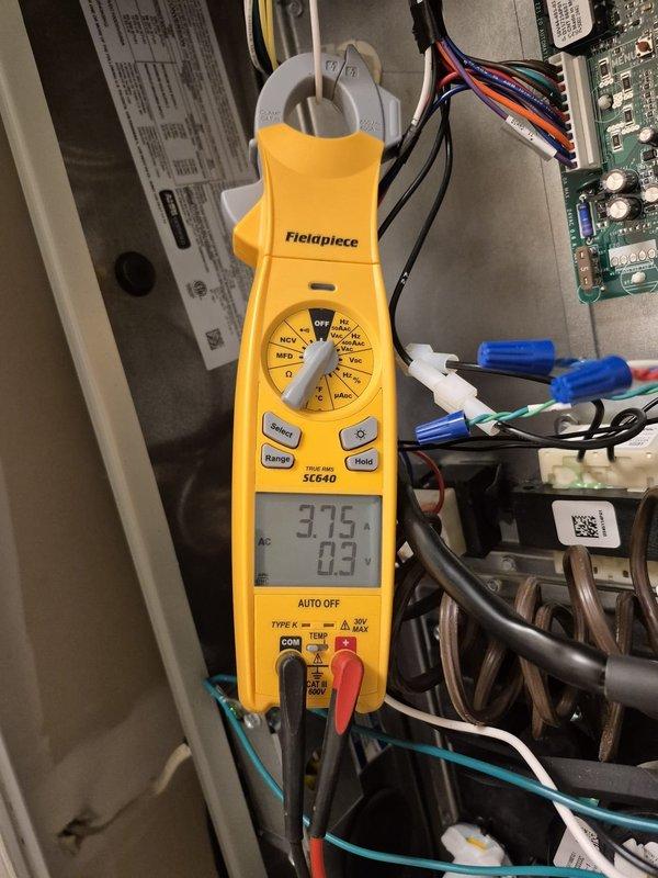Performed scheduled heating maintenance on two systems, verifying thermostat operation (system set to off, fan on auto, indoor temperature 73°F) and inspecting the control cabinet wiring, connections, and circuit board. Measured amperage draw with a true RMS clamp meter (3.75 A on the tested conductor) and observed no signs of frost, rust, or visible damage.