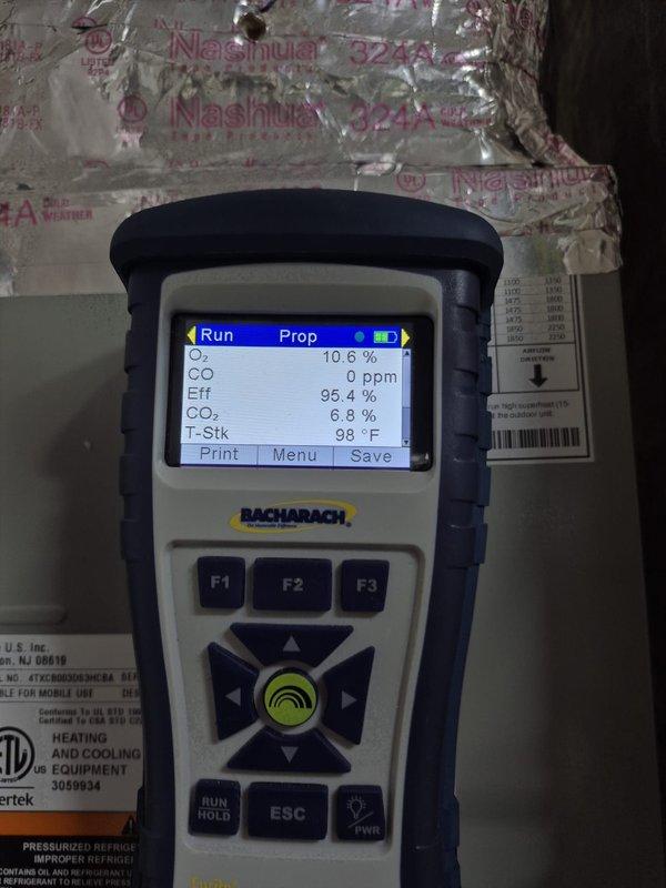 Performed scheduled heating maintenance on two systems, including inspection of the furnace cabinets, electrical components, and control boards. Verified blower motor amperage and control voltage with a true RMS clamp meter, and conducted combustion analysis with a flue gas analyzer, confirming 0 ppm CO, 95.4% efficiency, 6.8% CO₂, and 10.6% O₂ with a stack temperature of 98°F. Both units operated within normal parameters, with no visible damage, rust, or safety concerns noted.