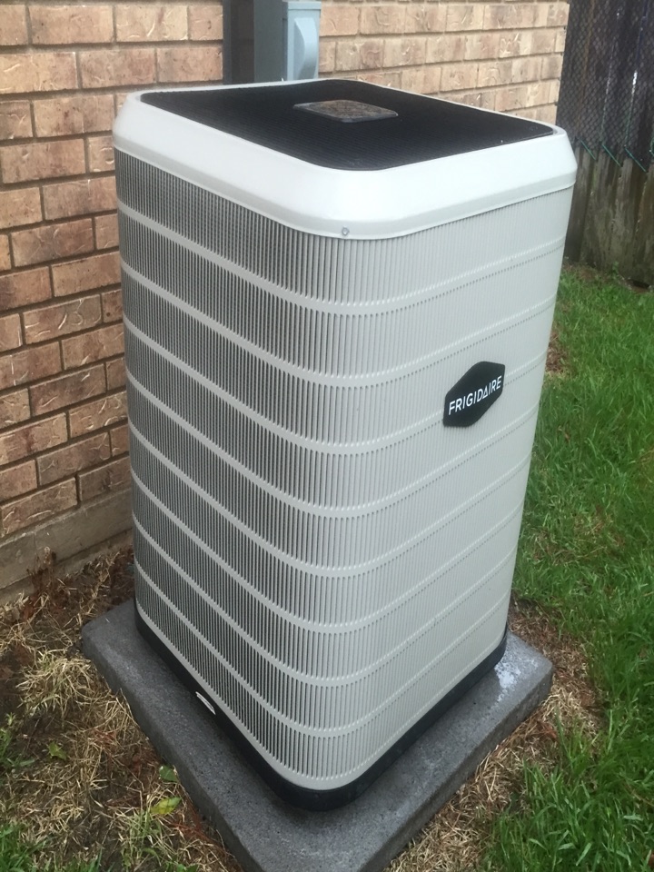 A/C service on a 2 year old Frigidaire system. Freon good. Algae tablets in drain pan prevent overflow. Cleaned condenser coil . Unit cooling good. 