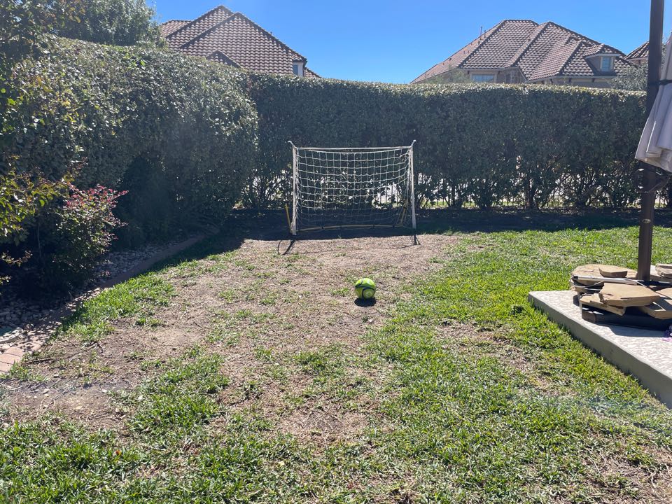 We are in the Falconhead neighborhood of Lake Way in Lake Travis in this backyard, where real grass won’t grow because of too much sun and takes too much water. We are installing a LawnPop synthetic turf, putting green and LawnPop Astroturf throughout the backyard. So the kids can play in and out of the pool without bringing Mudry into the house.  