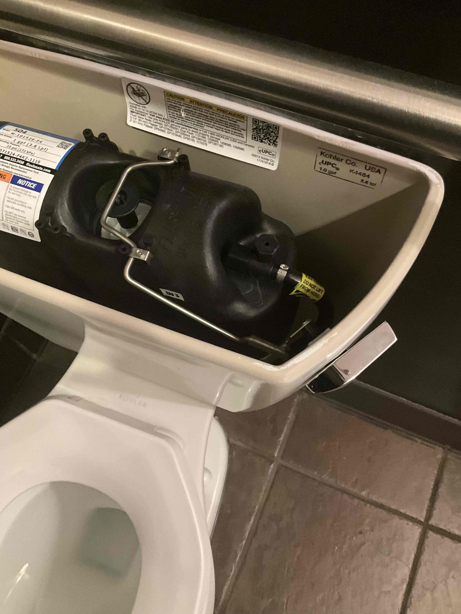 The restroom, if facing, pressure assist toilet flush lever bar keeps popping off of the handle. Therefore, I removed the handle assembly then installed a new universal flush handle assembly. The toilet was operating properly at this time.

PARTS USED 

1 qty Flushmate 504 Universal Handle Assembly 