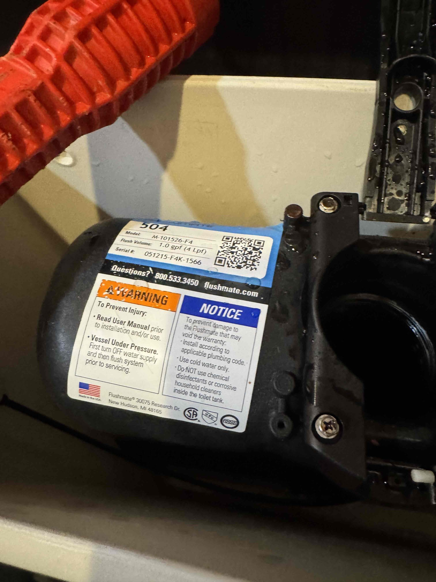 Upon inspection, the bathroom toilet's flush cartridge was found to be broken, preventing proper flushing. I replaced the old, malfunctioning cartridge with a new Sloan Flushmate cartridge. This ensured the toilet would flush effectively. The installation was completed successfully, and the toilet is now functioning as intended. The job was signed off by Tristen, confirming the resolution of the issue.