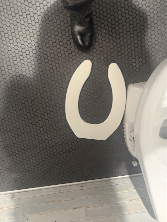On 7/17/26, I addressed an issue with the men's restroom toilet seat, which lacked bolts for proper attachment. I removed the broken seat and installed a commercial-grade open-end oblong toilet seat, ensuring a secure and functional replacement. The new seat was carefully fitted and tested for stability and comfort.