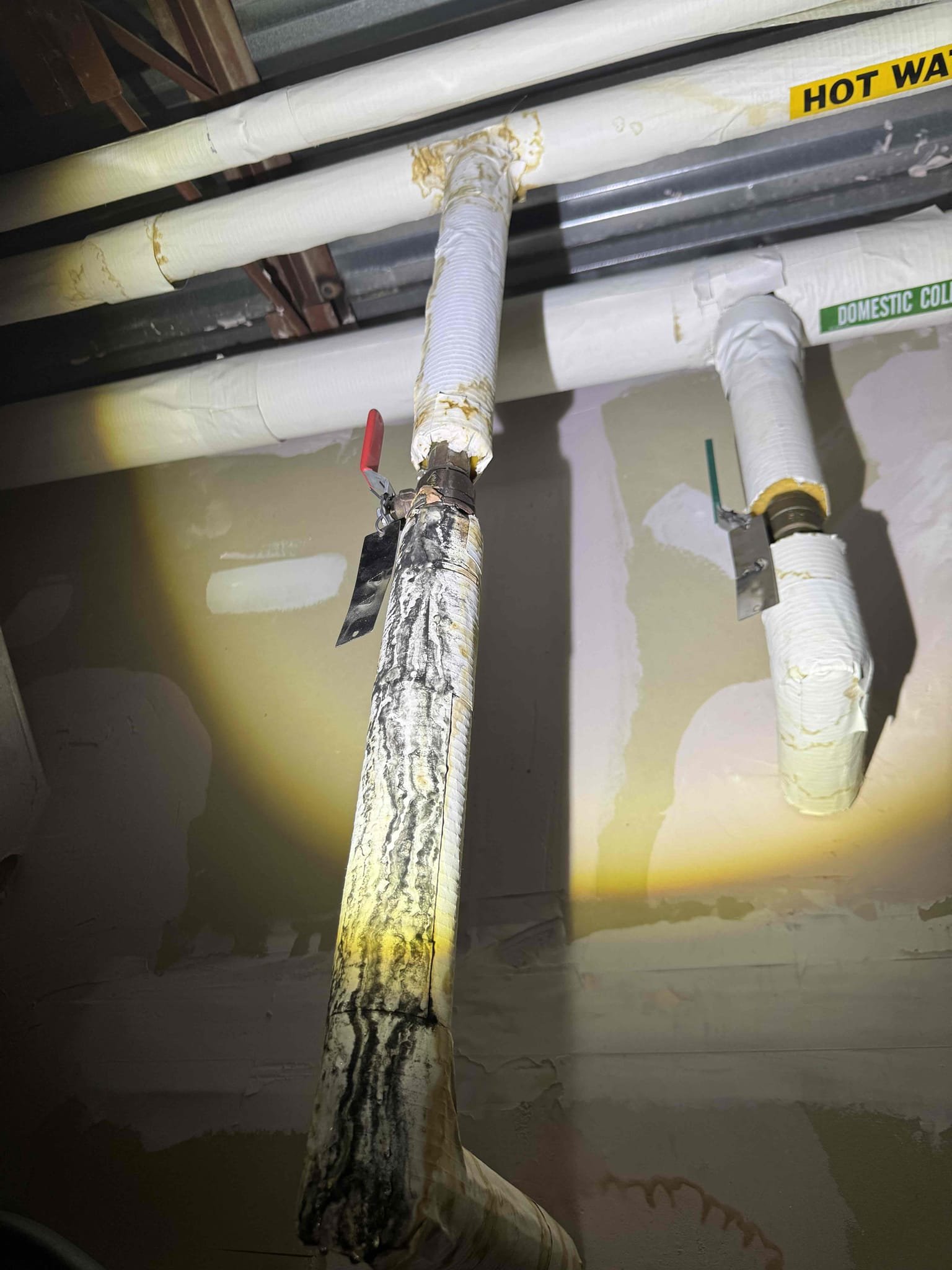 On 7/15, I inspected the affected area and identified a 1-inch pipe with electrolysis, approximately 30 feet long, and two visible drips. The insulation showed bad areas, and the pipe transitioned to a 3/4-inch line via a tee to a ball valve. The tee was in good condition. Additionally, a 2 1/2-inch pipe around an HVAC duct had electrolysis and a leak at a 90-degree bend. I returned with parts and completed the repairs on 7/20, using specified copper pipes and fittings.