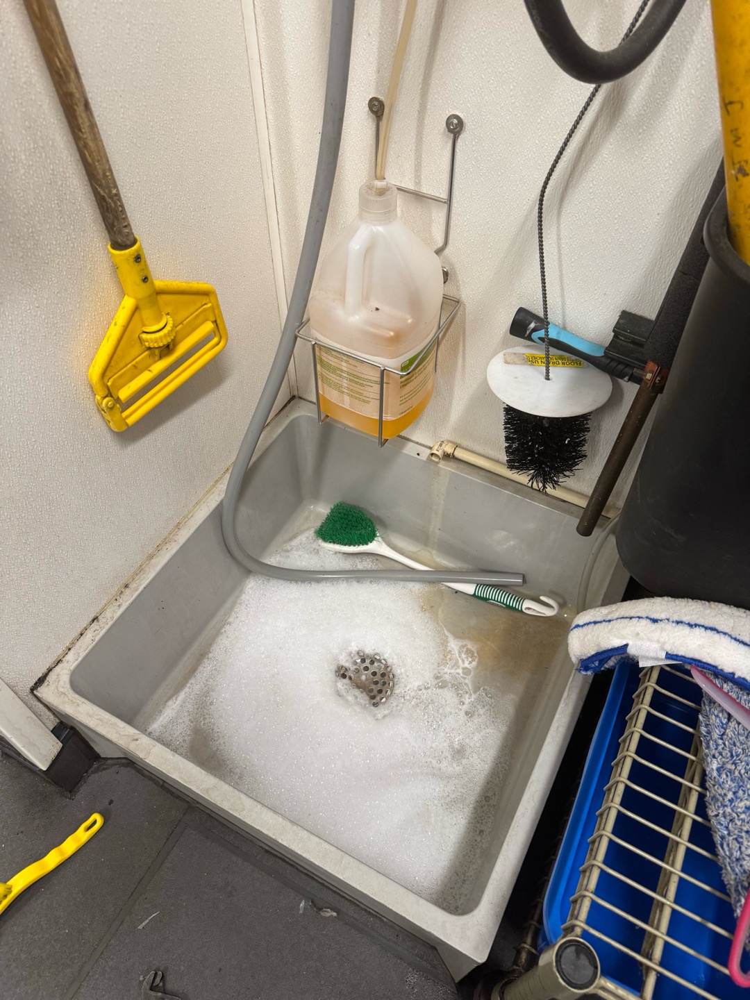 Upon inspection, the mop sink drain was not emitting any odor or flow. I began by removing the grate to access the drain. After ensuring the seal beneath the grate was intact, I applied a small tube of clear silicone to reinforce it. I then replaced the grate, securing it with new screws. To ensure the drain was free of blockages, I used a specialized drain cleaner, followed by a flush with hot water. The process was completed efficiently, and the sink is now functioning properly. Materials used included one bottle of Glug, a small tube of silicone clear, and two small screws.