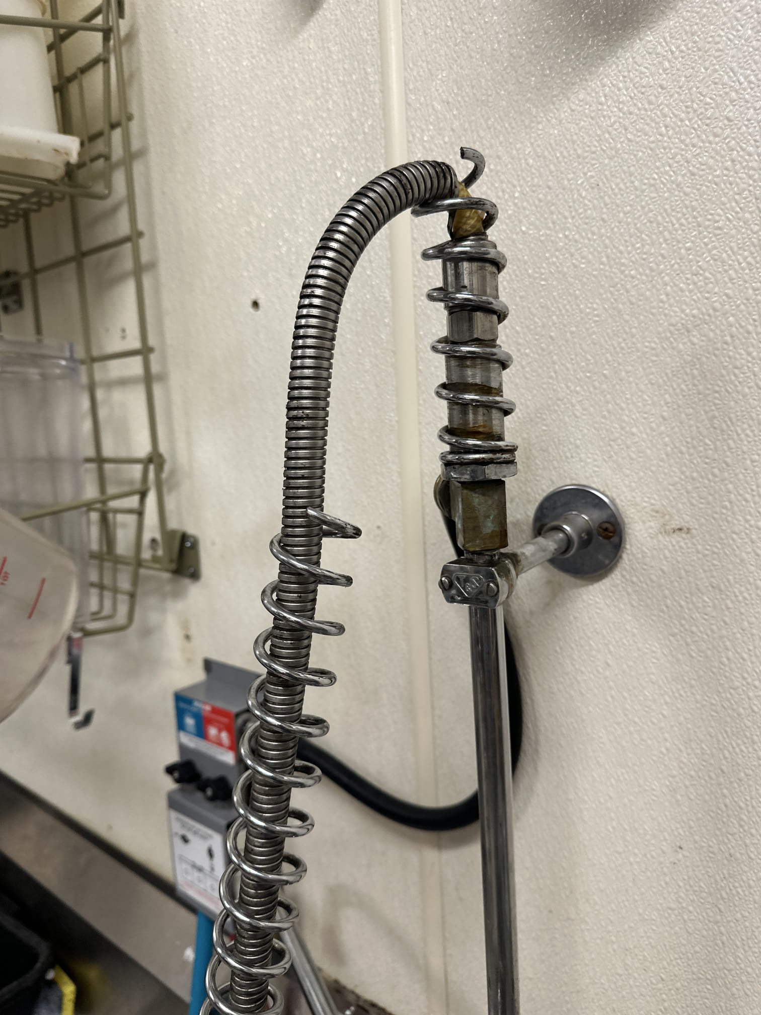 Upon arrival, I inspected the pre-rinse sprayer on the three-compartment sink. The hose and support spring were both broken. I carefully removed the old, damaged hose and support spring. I then installed a new T&S 44” pre-rinse hose and a matching support spring. After completing the installation, I turned the water on to ensure there were no leaks. The new components functioned perfectly, with no leaks and proper support. The job was completed using T&S 44” pre-rinse hose and T&S support spring.