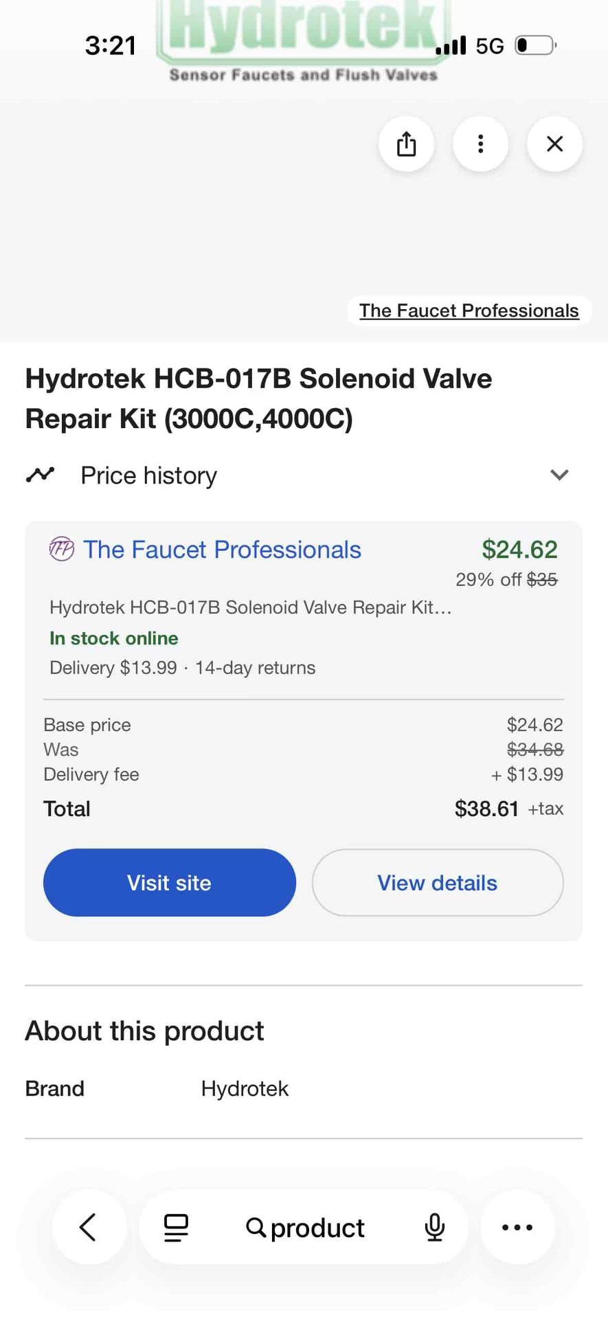 Upon arrival, we discussed the issue with the manager, who pointed out the constantly dripping faucet. The faucet is a Hydrotek 4000c-sd-lr model, which can be operated by a sensor or a single handle. We identified that the solenoid valve required repair. After ordering the Solenoid valve repair kit (part # HCB-017B) from Hydrotek, we returned to complete the repair. We disassembled the sensor side, replacing all parts with those from the kit and reassembled it. However, the faucet continued to drip at a rate of one drop every 6 seconds. Further troubleshooting led us to disassemble the handle side, clean each part, and reassemble. This reduced the dripping to one drop every 90 seconds. After flipping the main gasket washer, the spout no longer dripped. We advised the manager that if the issue recurs, a spindle repair kit may be needed and to contact us.