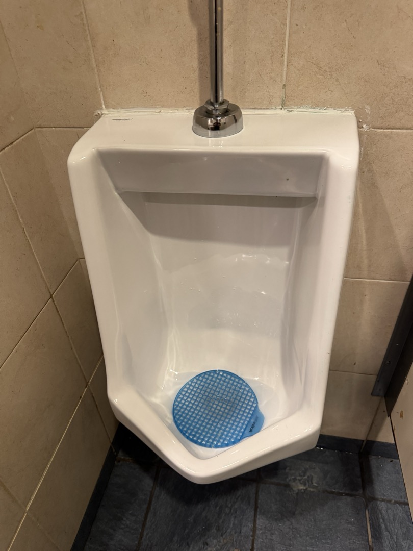 Upon inspection, the large urinal on the left side was leaking from the bolts securing it to the drain. Despite tightening the bolts to their maximum capacity, the issue persisted. Consequently, the wax ring needed replacement. I removed the urinal, cleaned the area, and installed a new wax ring. However, after securing the urinal and turning the water back on, leakage reappeared from the bolt holes. This indicated the urinal itself needed replacement. I informed the manager and scheduled a return visit with an additional person to replace the urinal using an American Standard Lynbrook urinal and a foam ring.