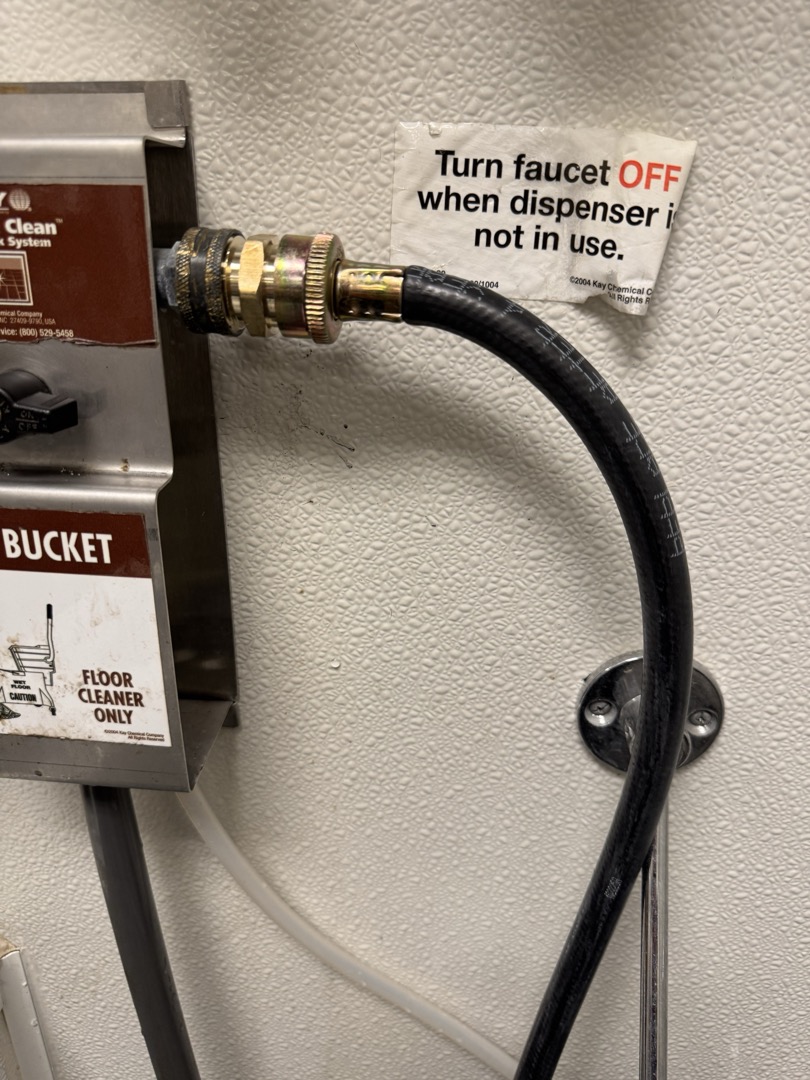 I replaced the hose on the mop faucet leading to the soap dispenser with a high-temperature hose. After discussing with Manager Samantha, it was determined that the line from the wall mount diverter needs replacement. I installed a brass hose adapter and a 3’ washer hose. Samantha will order and install the new wall mount diverter. I signed for Samantha to confirm the work completed.