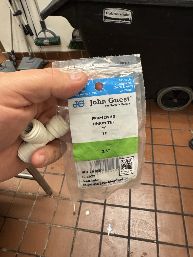 Upon inspection, I identified a damaged push fitting on the cold water line connected to the dishwasher, which was causing a noticeable leak. To resolve this issue, I carefully disassembled the affected area, ensuring minimal disruption. I then replaced the damaged 1- 3/8x3/8x3/8 push fitting with a new one, ensuring a secure and leak-proof connection. After reassembling, I tested the system to confirm that the leak was completely resolved and that water flow was restored. The dishwasher is now functioning properly, and the risk of further damage has been eliminated.