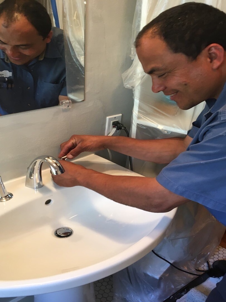 Berkeley, CA - Enrique installed a new pedestal sink with faucet, we had to open wall to place support. A lot more complicated because of the latching and painting, but definitely a superior job! Berkeley, CA - Enrique installed a new pedestal sink with faucet, we had to open wall to place support. A lot more complicated because of the latching and painting, but definitely a superior job!