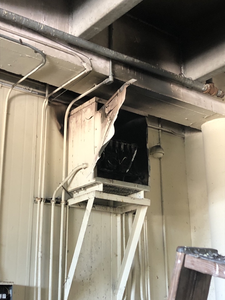 Emergency service call to replace step down transformer. Step down transformer damaged due to fire in building. Emergency service call to replace step down transformer. Step down transformer damaged due to fire in building.