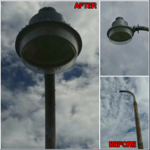 Electrical Contractor Miami Gardens, FL | Before and after pictures of light poles and after Hurricane Irma.
Lighting Miami Gardens back up after hurricane Irma.