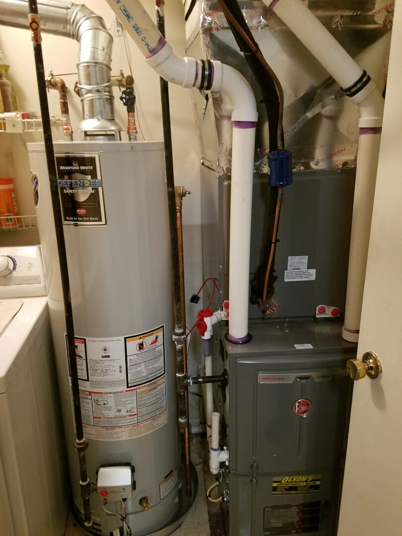 Install Bradford white 40 gal water heater install Rheem 96% high efficiency furnace install 16 seer high efficiency air conditioning condenser and Rheem coil Install condensate trap check and charge air conditioning check heating