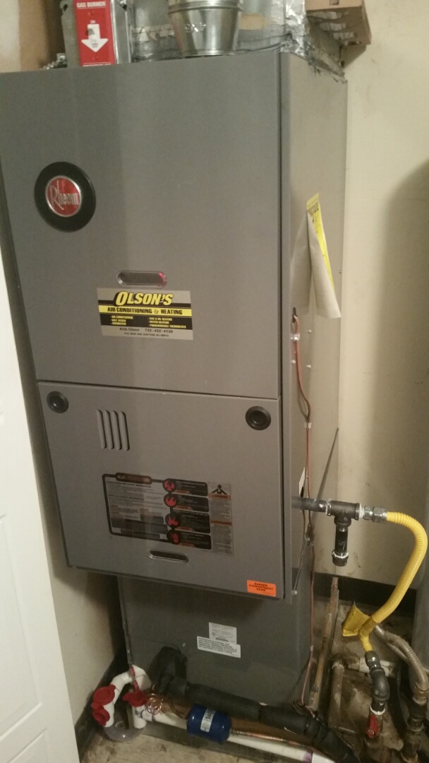 Remove and install  Rheem furnace and coil and condenser install trap and check and test heating check and charge air conditioning 