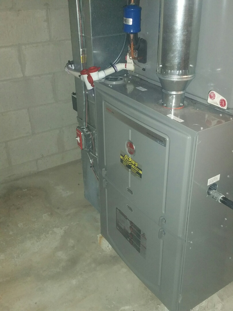 Remove Trane furnace and air conditioning install Rheem 125k btu furnace and 4 ton coil and condenser replace line set install new condensate trap and pump test heat , test air conditioning check and charge air conditioning 
