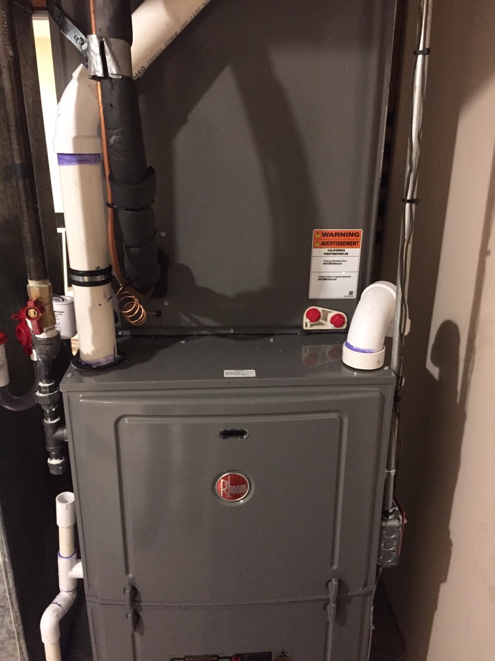 Install rheem 92% furnace with rheem coil and rheem condenser 3 1/2 tons of air conditioning install new condensation pump and trap check and charge air conditioning check and test heating 