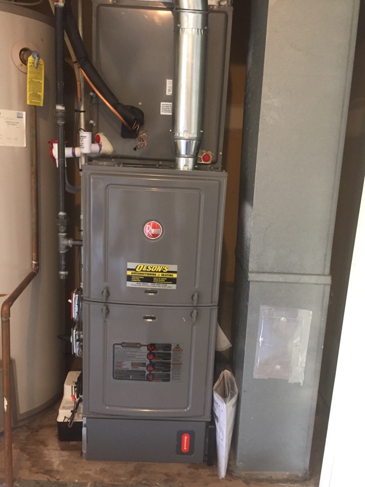 Install new rheem 100k Btu furnace with 3 ton rheem coil and condenser install safety switch Install condensate pump check in charge AIR CONDITIONING check and test HEATING advise customer of 10 year warranty install media filter