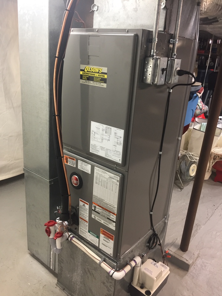 Install new rheem 2 ton air handler with rheem 2 ton condenser install condensation trap and pump install new line set and safety switch check and charge air conditioning 