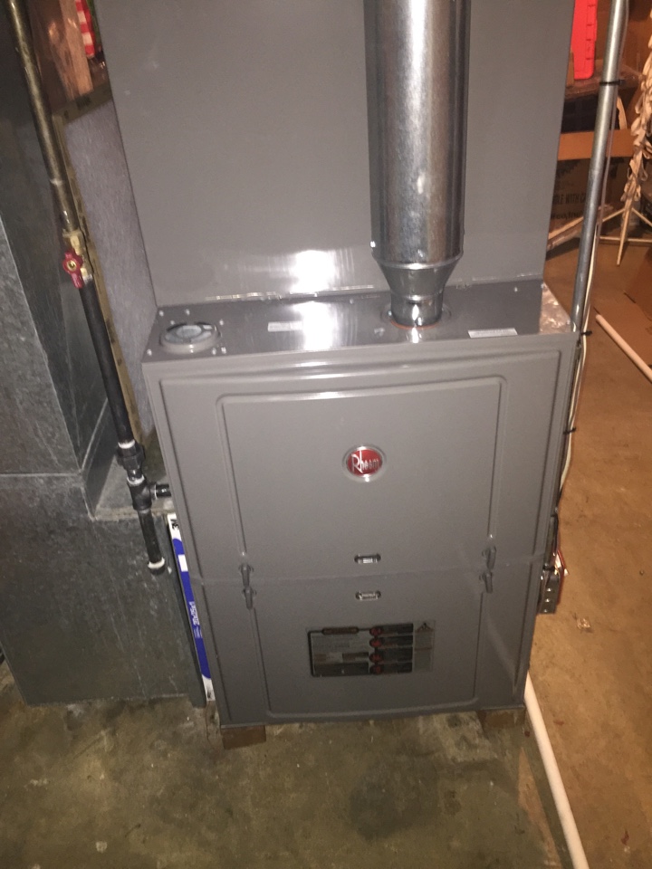 Install 125k btu rheem furnace with 4 ton coil and 4 ton condenser install condensation trap with overflow safety install new line set check and charge air conditioning check and test heating 