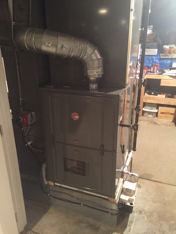 Install rheem 125k btu furnace with 5 ton coil and condenser install new condensation pump and trap  check and charge air conditioning check and test heat 