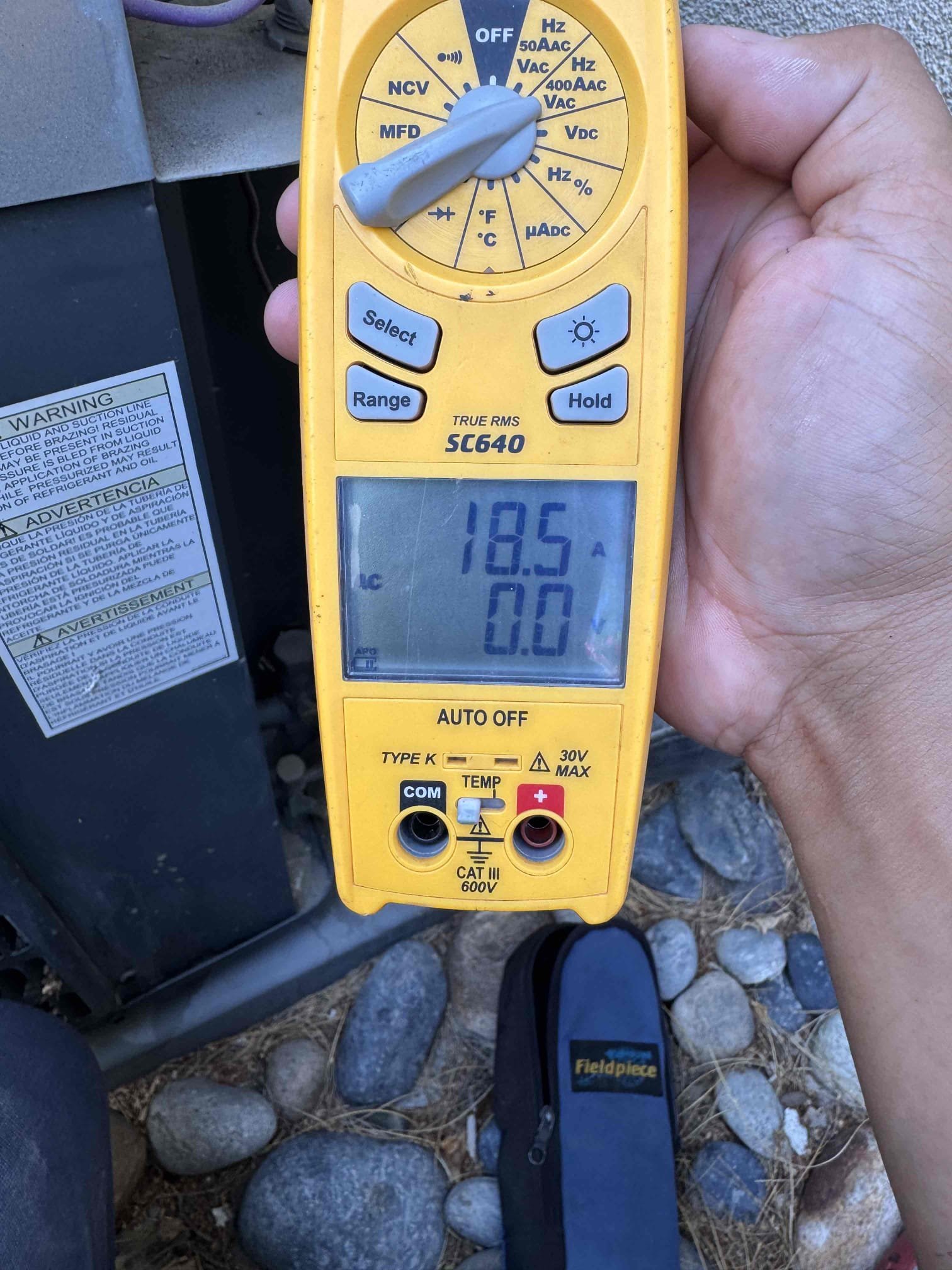 Maintenance for cooling on a Goodman 5 ton horizontal split system. Attic access located in hallway. 24/30 filter located in master bedrooms and two 20/20 one in each hallway. Condensation line cleared filters changed. 3 zonings 3 Honeywell thermostat working properly. Check system sequence of operation. Checked compressor amps, checked fan motor amps, check capacitor, checked disconnect box, check Freon and temperature split. Washed outdoor unit down. Spoked with client recommend compressor savor kit. Talked about the benefits of having one for the outdoor unit. Client agreed and signed estimate. Installed compressor savor kit and check inrush and show client the results. System is working per manufactured specs. Home is cooling properly. Client renewe bi-annual maintenance via CC.
