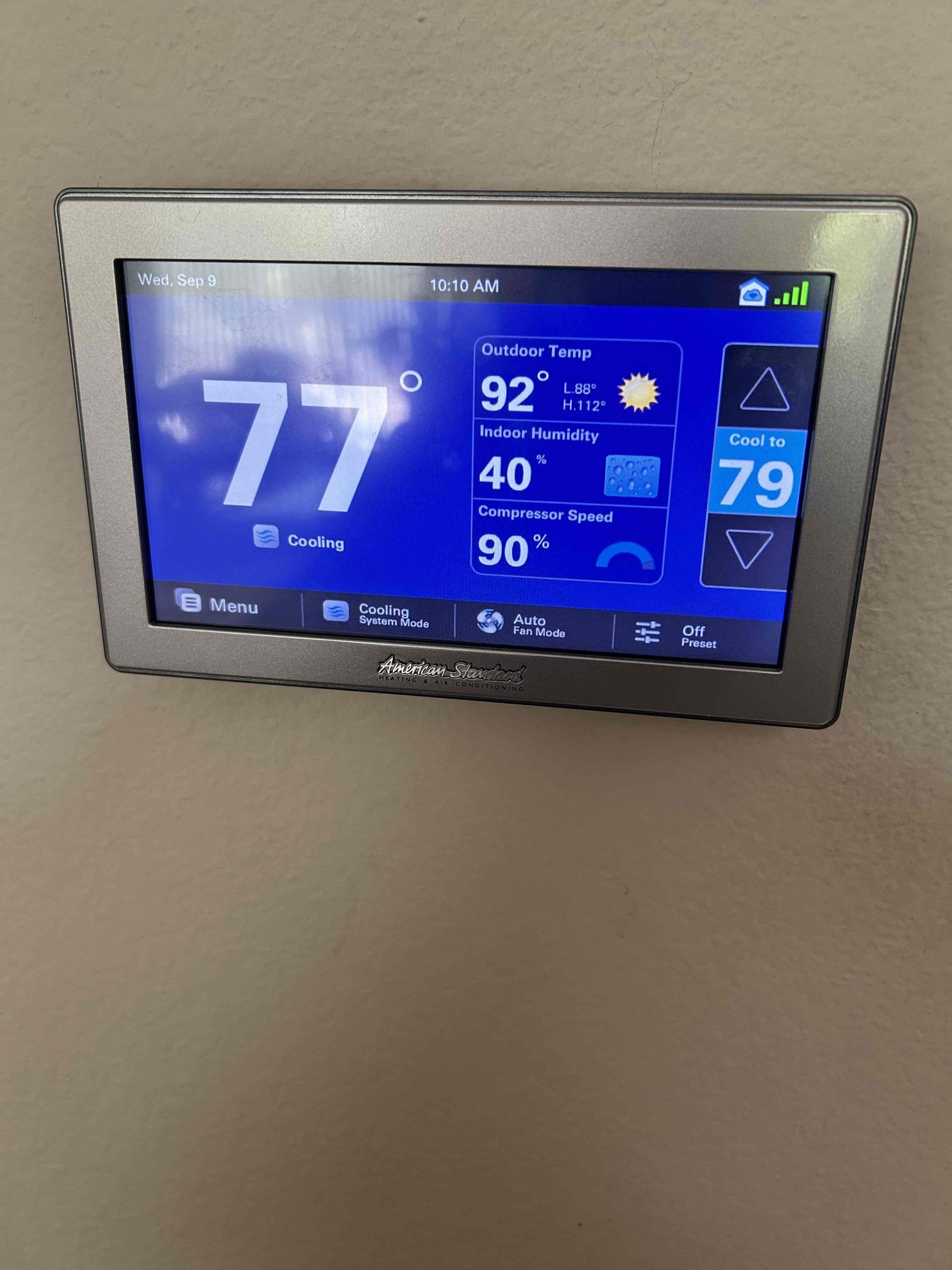 Performed annual preventative maintenance on the 2024 American Standard Plenum Series split system.
* Replaced the system air filters with 20” × 25” and 20” × 20” filters.
* Customer has two split systems on the property: one American Standard and one Bosch. The customer requested maintenance on only the American Standard system.
* Checked the 1050 thermostat and verified the temperature range, heating/cooling calls, and system response.
* Checked system operation and controls. No active alerts were observed at the outdoor unit.
* Inspected system operation, including compressor performance and operating parameters.
* Thoroughly cleaned the outdoor condenser coil.
* Verified the condensate drainage system is draining properly.
* System was operating properly at the time of service and was actively cooling down the space upon completion.
System is Operating properly at the time of service. No active outdoor-unit alerts observed.