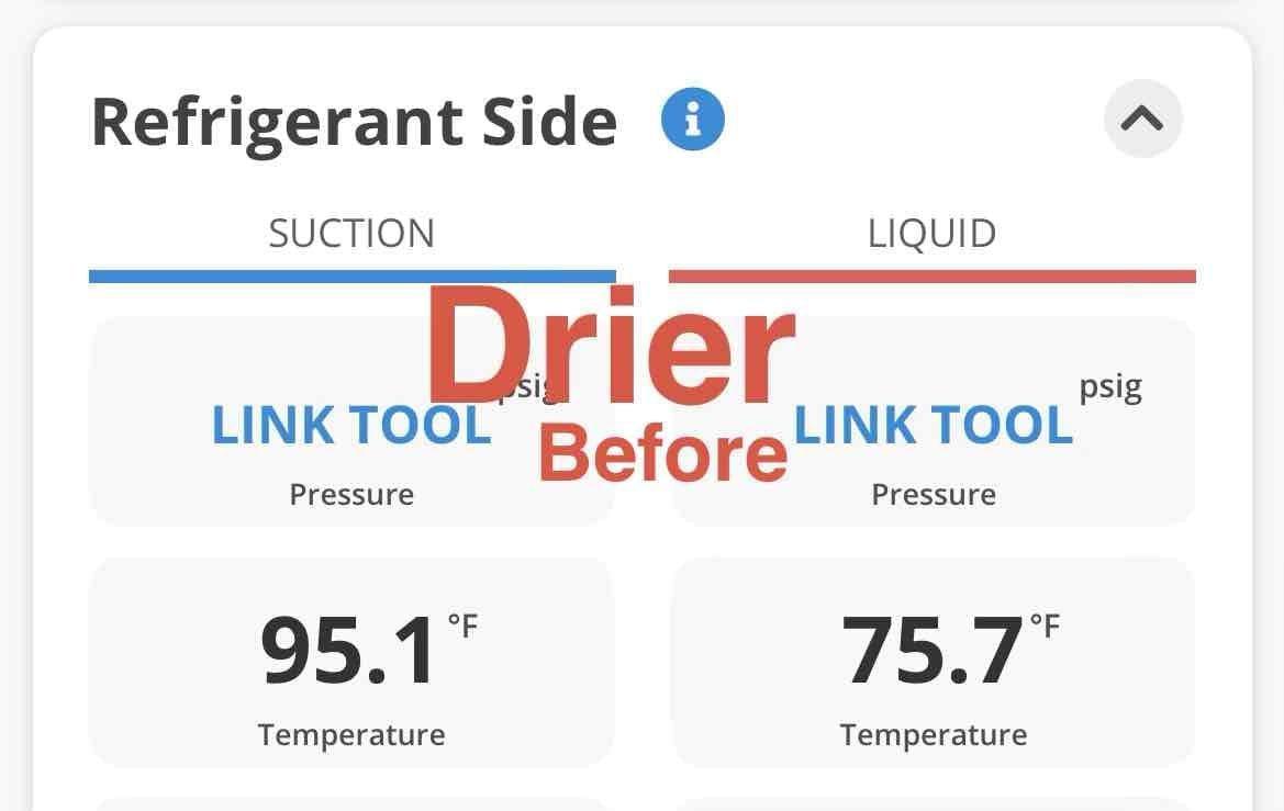 La Quinta, CA - 🛠️🛠️ Revised System Operations – Previous Repair

* Opened evaporator coil and verified TXV metering device.

* Replaced restricted filter-drier

* Re-glued condensation line couplers; found and repaired minor leaks.
* ⚠️ System took longer than normal to pump down, raising concern about compressor operation.

* Pulled vacuum, pressure-tested filter-drier fittings, and reintroduced refrigerant.
* Compressor overheated during startup. Cooled compressor and washed dirty condenser coils.
* System restarted and stabilized at 63°F vapor saturation / 179 PSIG suction / 10A compressor amps.
* ✅ Achieved a 20° temperature split at the furnace.

🗣️ Client Communication

* Explained that the system is currently operating and cooling as expected mechanically.
* ⚠️ Advised that high suction pressure and vapor saturation temperature remain abnormal.
* Also explained that the extended pump-down time may indicate the compressor is not operating at full capacity.

Previous tech pointed out some iss