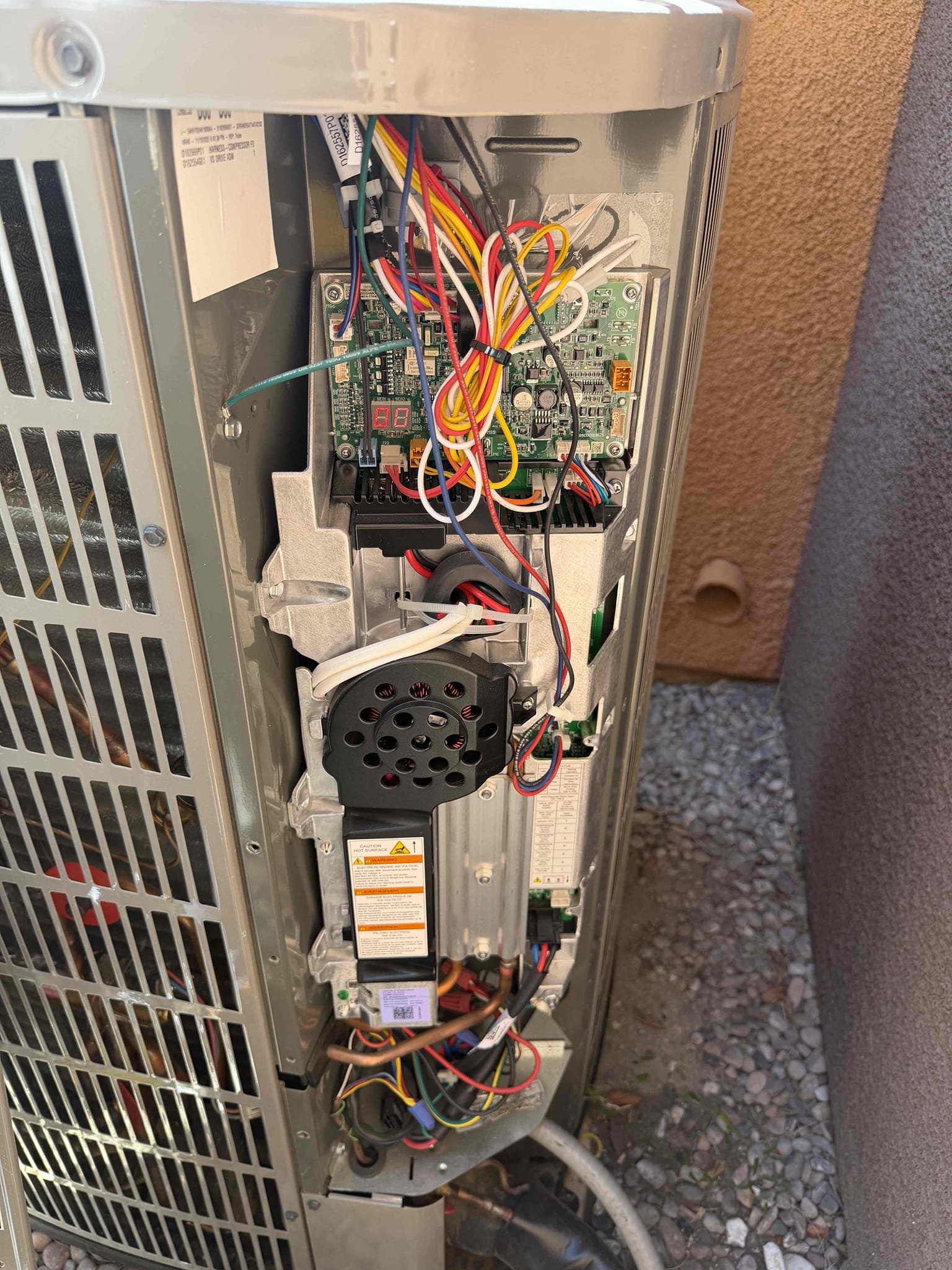 Performed a cooling maintenance on a 2025 American Standard condenser, condenser located on front side of home, filter located inside fau, fau located in outside closet and in garage, changed 20x25 & 14x24 filter, flushed condensation line, check for thermostat, on condenser check for amperage and voltage, check for compressor, check for freon level, check for capacitors, check for disconnect box everything within range also clear out dust accumulated inside electrical component area and rinsed condenser coil. System is working within specification in cooling at the time of maintenance.
