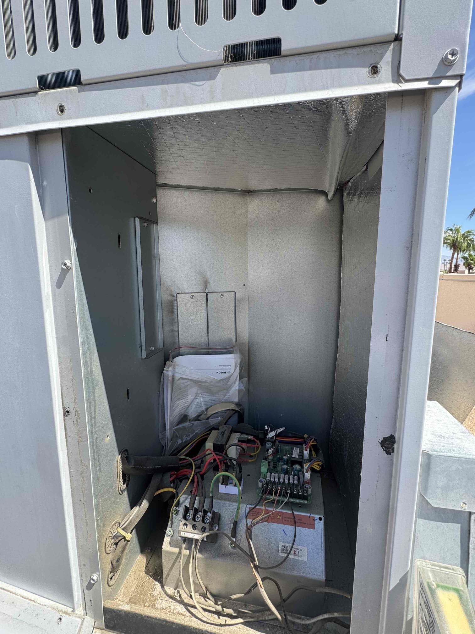 Maintenance for heating on a Bosch 3 ton heat pump package unit. 14 x 30 filter located above stairway. Condensation line cleared filter changed. Ecobee thermostat working properly. Check system sequence of operation. Checked compressor amps, checked fan motor amps, checked all electrical and safety, checked fuses and disconnect box, checked surge protector, checked Freon and temperature split. System is working per manufacture spec. Home is cooling properly.